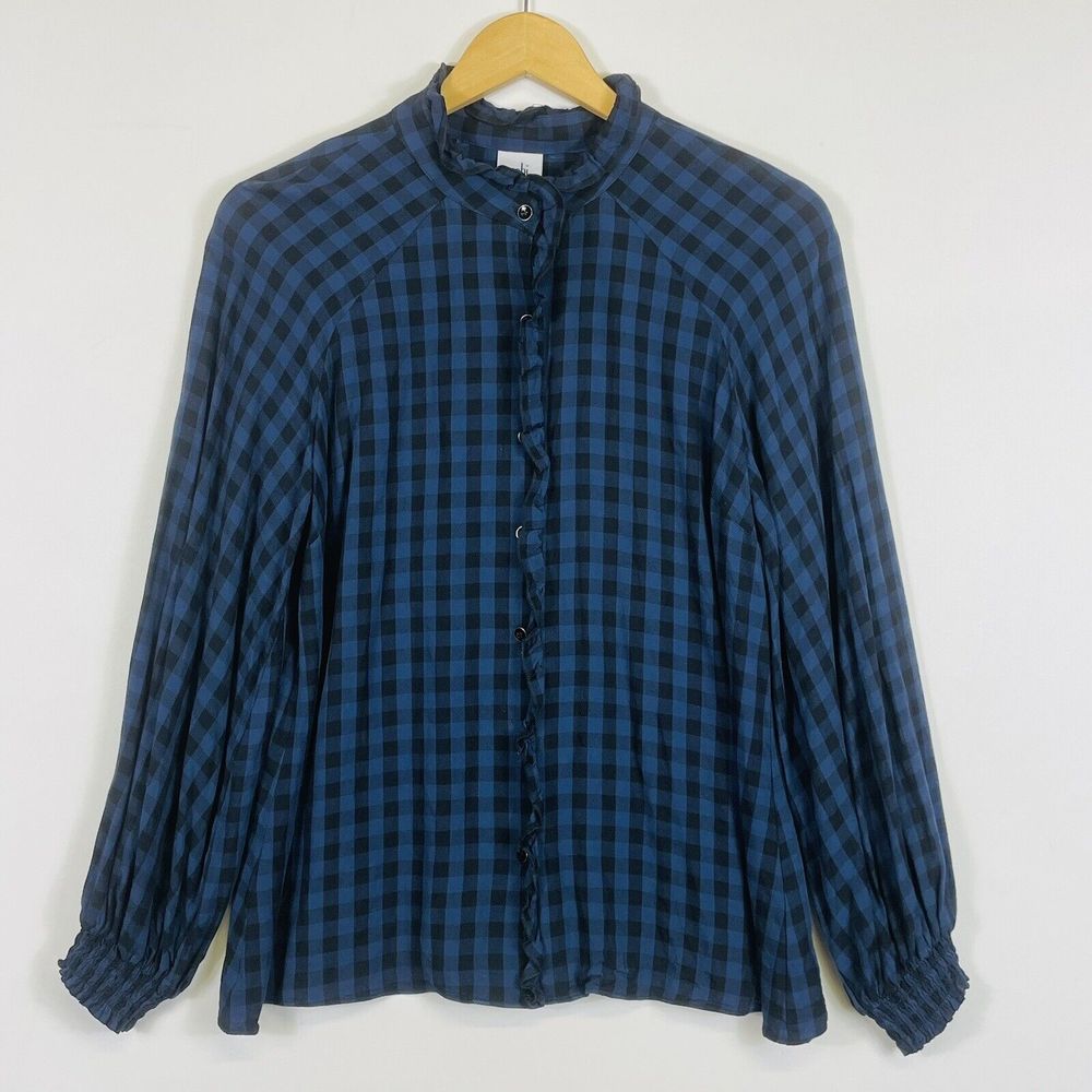Cabi Gingham Ruffle Blouse Women Small Blue Black Plaid Victorian Preppy Romance